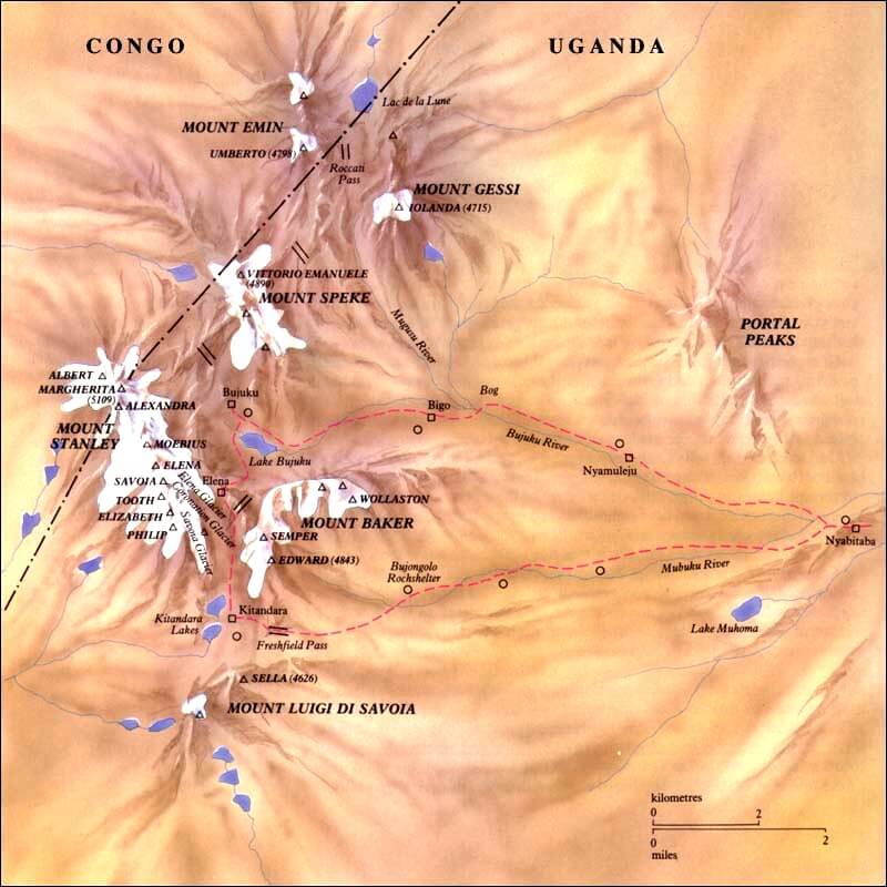 Hlavní hory a vrcholy pohoří Rwenzori (Ruwenzori, Měsíční hory)